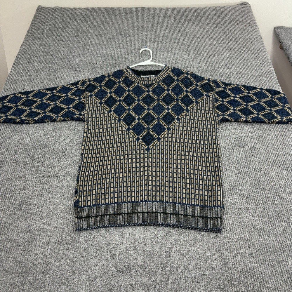 Vintage Ron Chereskin Sweater Mens M Blue Wool Blend Geometric Knit Retro Style